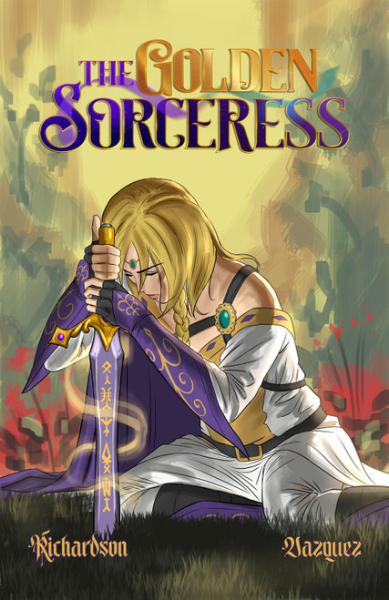 Comic book cover for "The Golden Sorceress" by Kaleb Richardson and Matthew Vazquez, featuring a blonde female protagonist in white and gold robes kneeling while holding a glowing purple runic broadsword; the artwork uses vibrant anime-inspired style with a golden and red impressionistic background and stylized purple and gold typography.