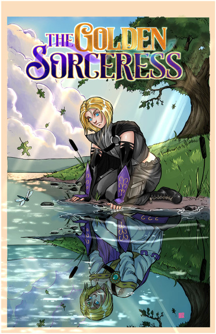 Comic book cover for "The Golden Sorceress" featuring a blonde female character in dark tactical gear kneeling by a lake; her reflection in the water reveals her magical persona in white and gold robes, set against a serene landscape with a large oak tree, falling leaves, and a dragonfly in a vibrant anime-influenced art style.