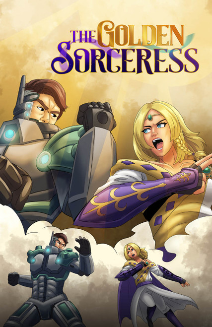 Action packed comic book cover for "The Golden Sorceress" featuring the blonde protagonist in white and gold robes shouting in battle against the male antagonist in grey and green high-tech mechanical power armor; the layout includes a large close-up of both characters in the top half and a full-body action shot of them in combat stances at the bottom against a golden smoky background.