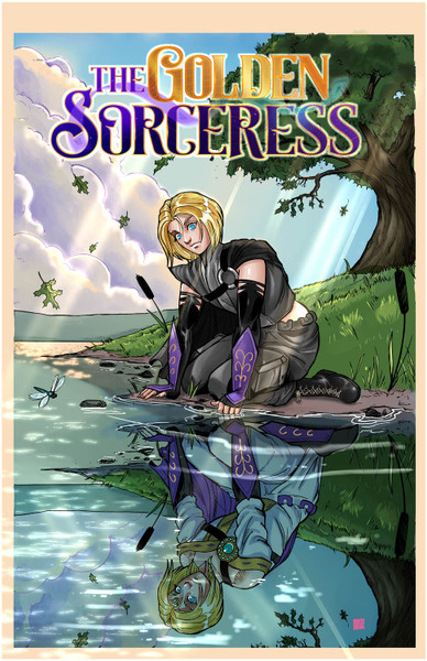 Comic book cover for "The Golden Sorceress" featuring a blonde female character in dark tactical gear kneeling by a lake; her reflection in the water reveals her magical persona in white and gold robes, set against a serene landscape with a large oak tree, falling leaves, and a dragonfly in a vibrant anime-influenced art style.