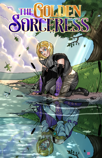 Comic book cover for "The Golden Sorceress" featuring a blonde female character in dark tactical gear kneeling by a lake; her reflection in the water reveals her magical persona in white and gold robes, set against a serene landscape with a large oak tree, falling leaves, and a dragonfly in a vibrant anime-influenced art style.