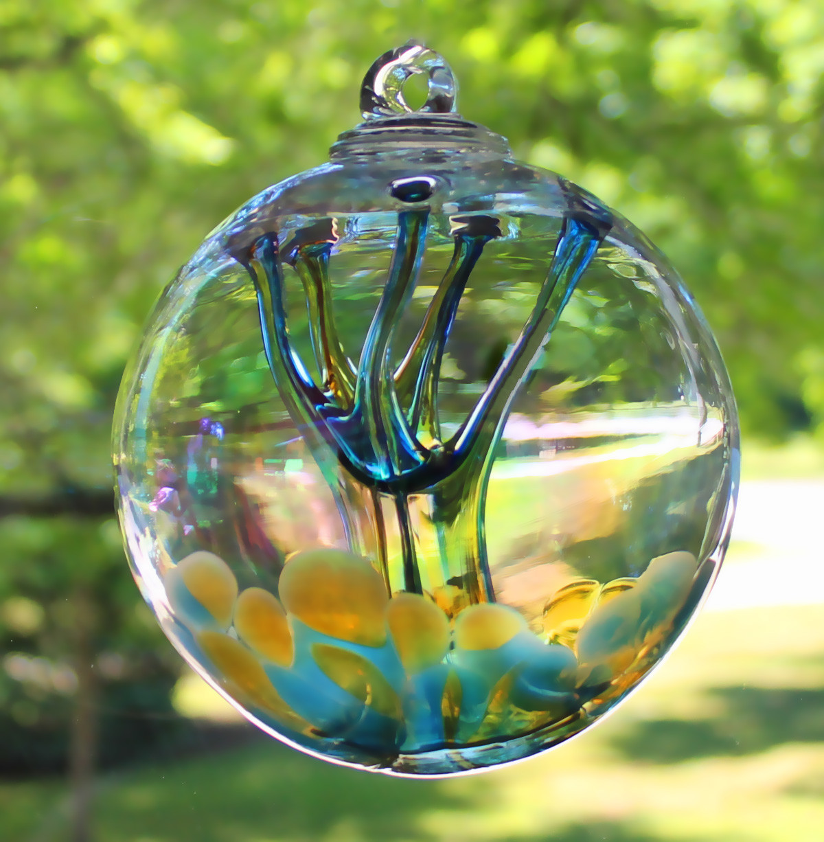 Friendship Ball Aqua Optic Iridized 4 Inch Kugel Witch Ball by Iron Art Glass Designs