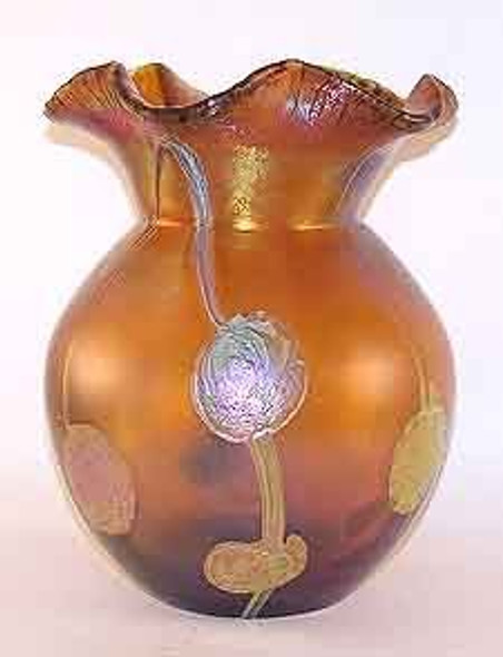 Tiffany Style Art Glass Vase "Poppies" Gold