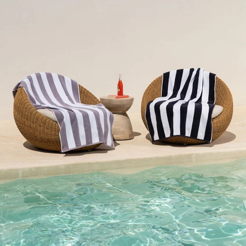 Striped Cabana Cotton Terry Beach Towel - Black