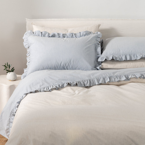 Softwash Cotton Ruffle Misty Blue Melange Pillowcase Pair - Vintage