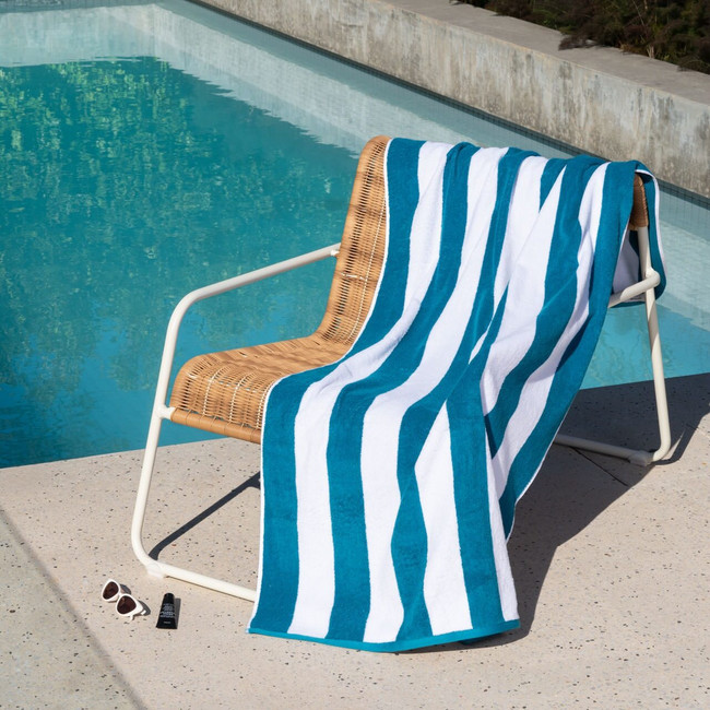 Striped Cabana Cotton Terry Beach Towel - Oceano Teal