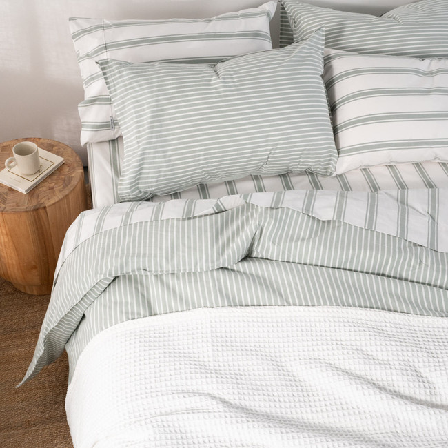 Modella Oxford Stripe Quilt Cover Set - Gum (Free Pillowcases)