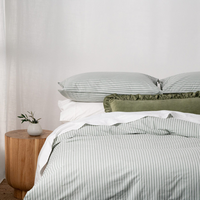 Modella Oxford Stripe Quilt Cover Set - Gum (Free Pillowcases)