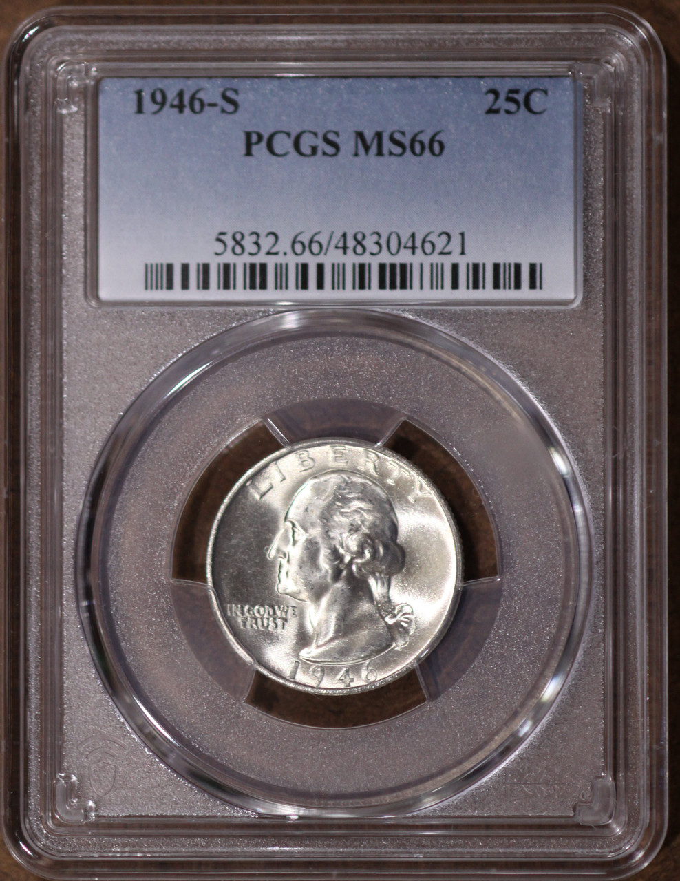 1946-S Washington Silver Quarter Uncirculated MS66 Certified by