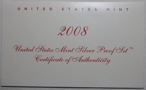 Supplies 2008-S Silver Proof Set Coa NO COINS COA ONLY