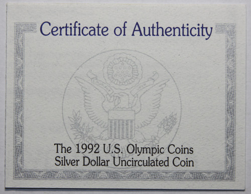 Supplies 1992 Commemorative 90% Silver Dollar Uncirc Olympic COA ONLY NO COINS