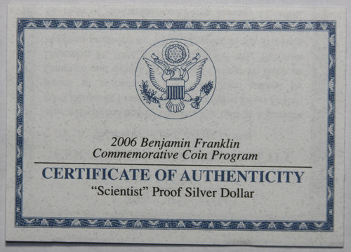 Supplies 2006-P Commemorative Proof 90% Silver Dollar Franklin COA ONLY NO COINS