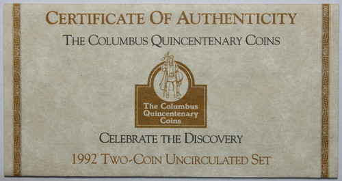 Supplies 1992 Commemorative Two-Coin Uncirculated Set Columbus COA ONLY NO COINS