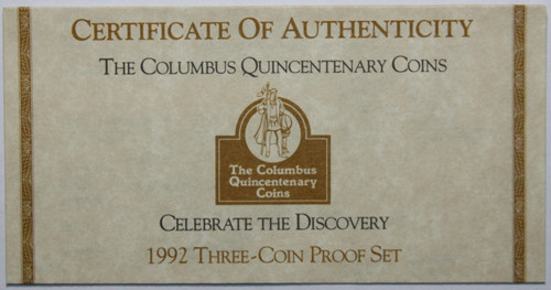 Supplies 1992 Commemorative Three-Coin Proof Set Columbus COA ONLY NO COINS