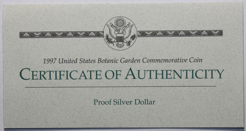 Supplies 1997 Commemorative Silver Dollar Proof Botanic Garden COA ONLY NO COINS