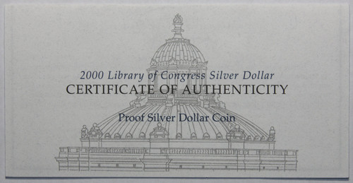 Supplies 2000 Commem Silver Dollar Proof Library Of Congress COA ONLY NO COINS