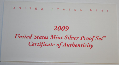Supplies 2009-S Silver Proof Set COA ONLY NO COINS