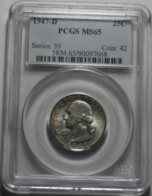 1947-D Washington 90% Silver Quarter Certified by PCGS as Uncirculated MS65