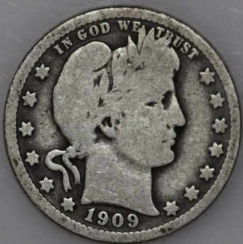 1909-P Barber Quarter 90% Silver, Over 100 Years Old As Shown [SN03]