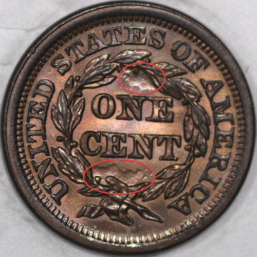 1851 Braided Hair Large Cent, Red/Brown, Planchet Flaws on Reverse As Shown  - Quality Collectible Coins