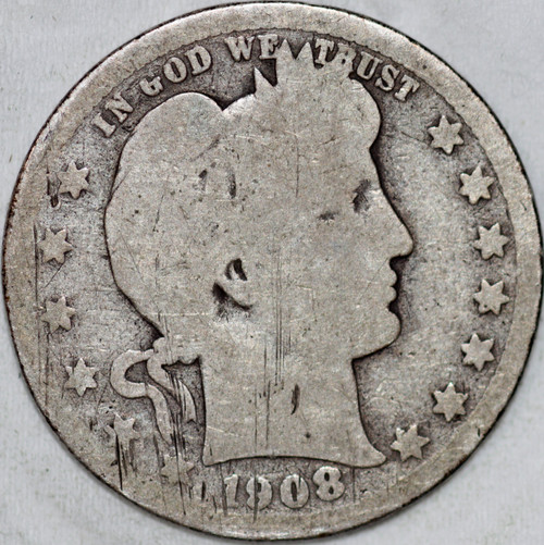 1908-D Barber Quarter 90% Silver, 100+ years Old As Shown [SN02]