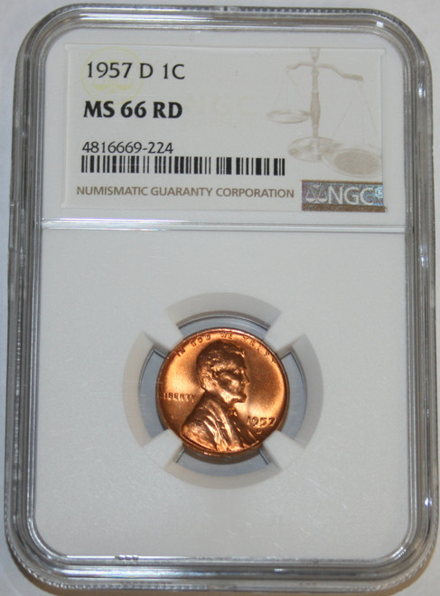 1957-D Wheat Cent Certified by NGC as 4816669-224 MS 66 RD