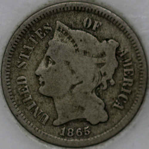 1865-P Three Cent Piece, Copper/Nickel. Nice coin over 100 years old [SN01]