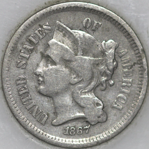1867-P Three Cent Piece, Copper/Nickel Over 100 years old As Shown [SN02]