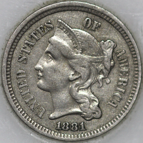 1881-P Three Cent Piece, Copper/Nickel Over 100 years old As Shown [SN01]