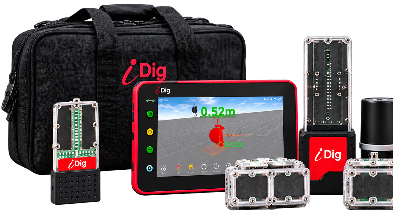 iDig CONNECT kit contents: carry case, 7 inch sunlight-readable tablet, LED bargraph and the wireless solar Bluetooth sensors