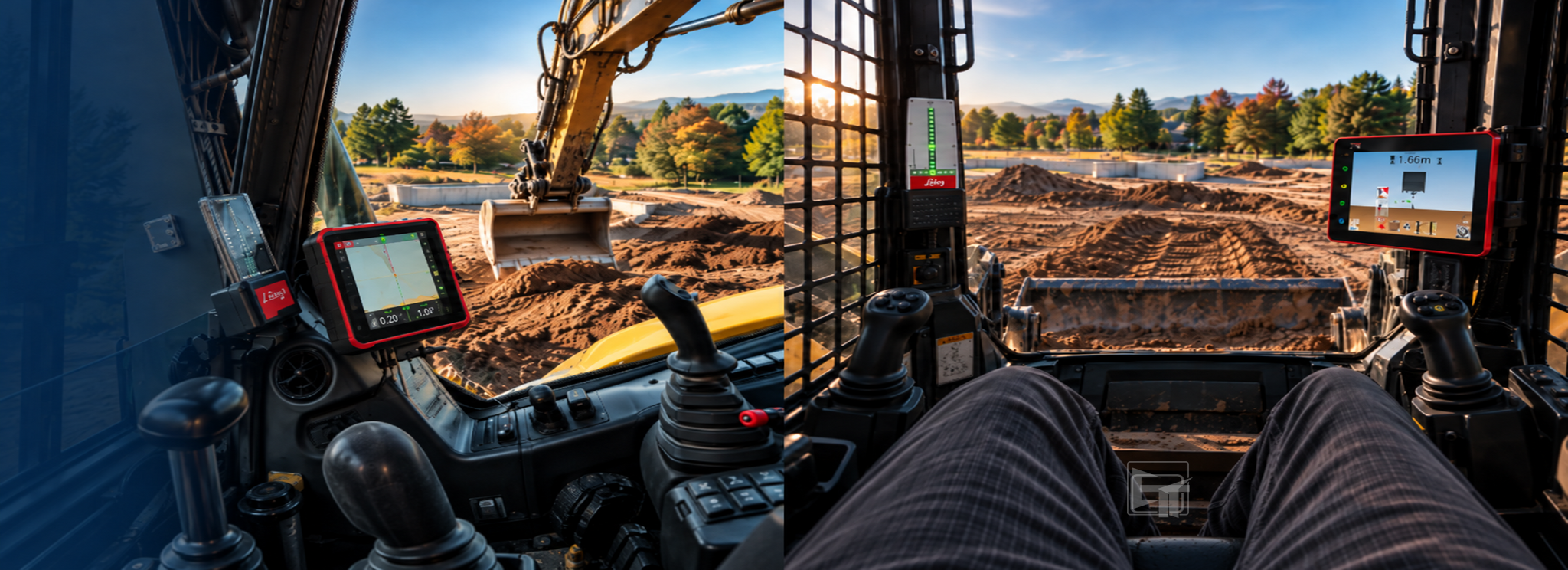 iDig machine control in the cab of an excavator and a skid steer - touchscreen control box showing depth to target and the LED bargraph in the operator's field of vision, both working from a rotary laser reference
