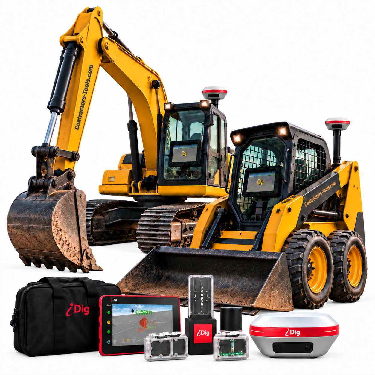 iDig GNSS machine control on an excavator and skid steer with the SpotMan receiver, rugged tablet and wireless sensors