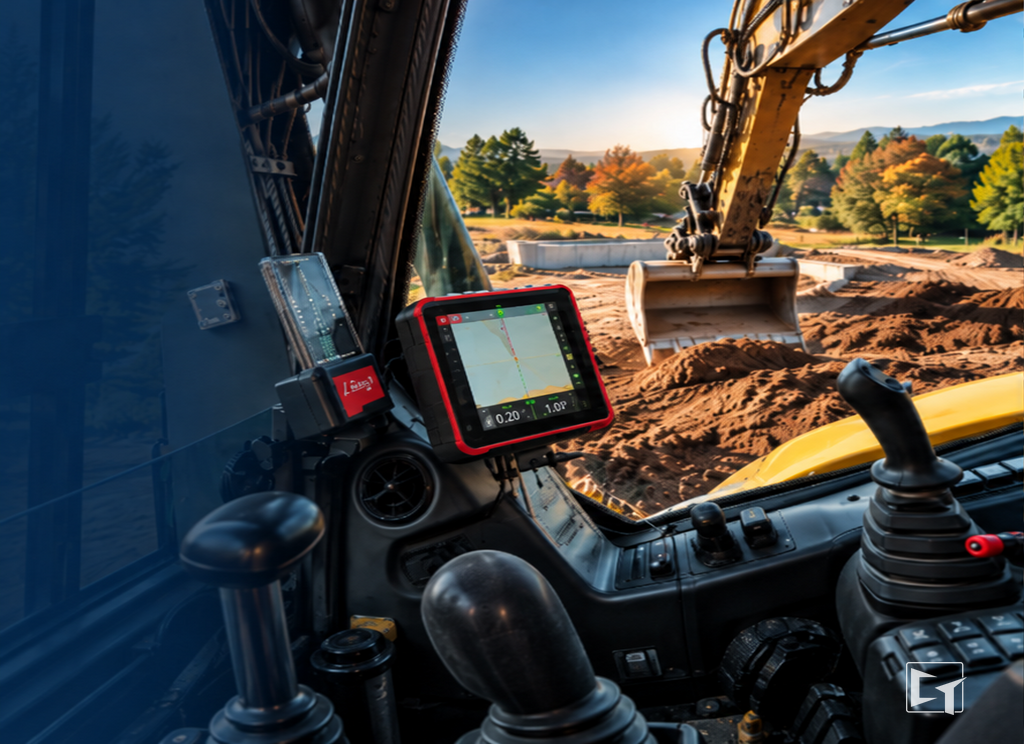 iDig TOUCH 2D in-cab operator view on an excavator: touchscreen control box showing depth to target and the LED bargraph in the operator's field of vision