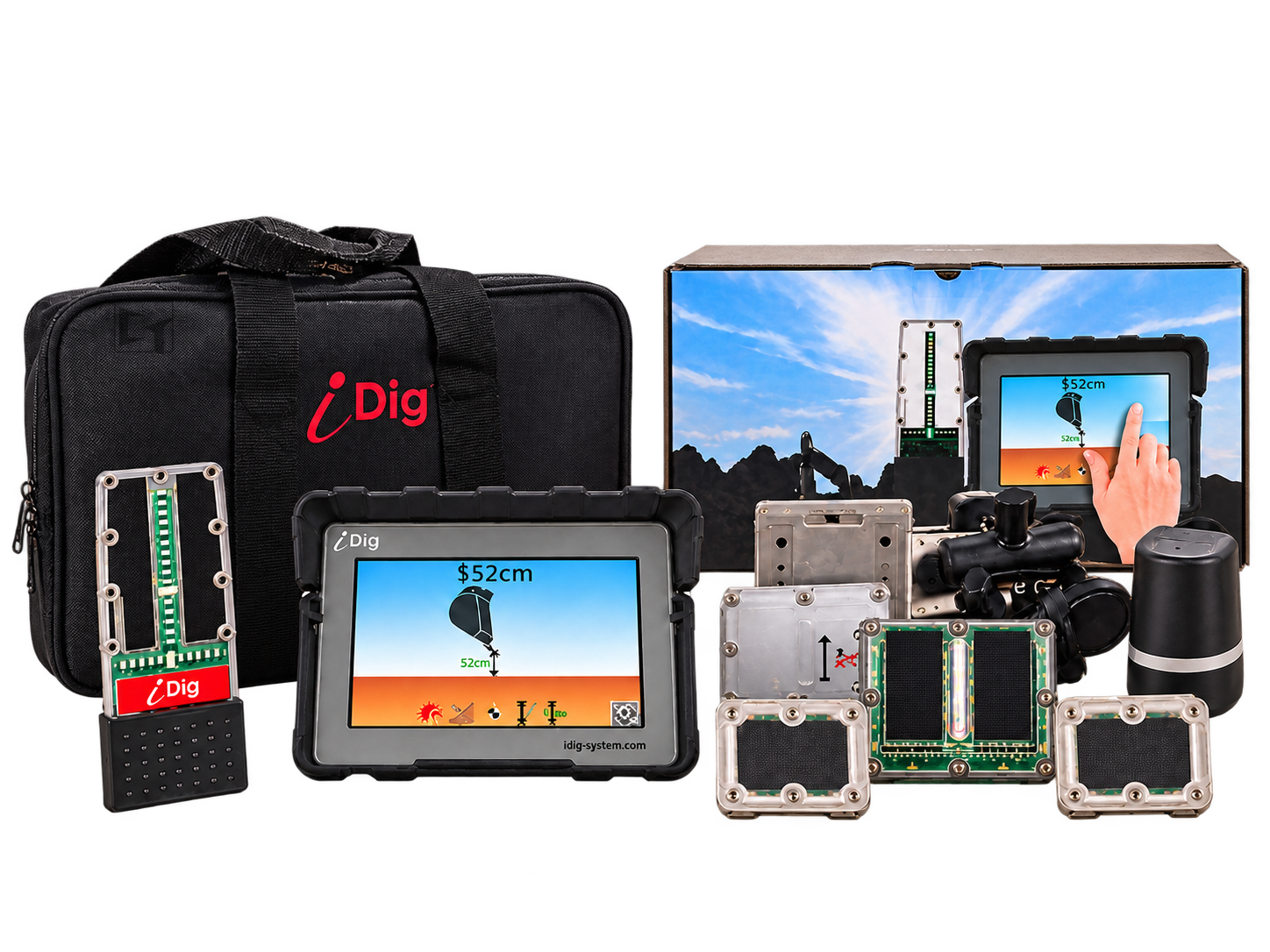 iDig TOUCH 2D XD610 kit contents - carry case, 7 inch control box, LED bargraph, wireless solar angle sensors and mounting plates
