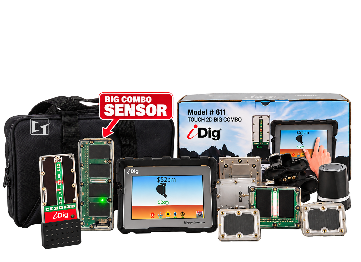 iDig TOUCH 2D XD611 kit contents - carry case, 7 inch control box, LED bargraph, wireless solar angle sensors and mounting plates