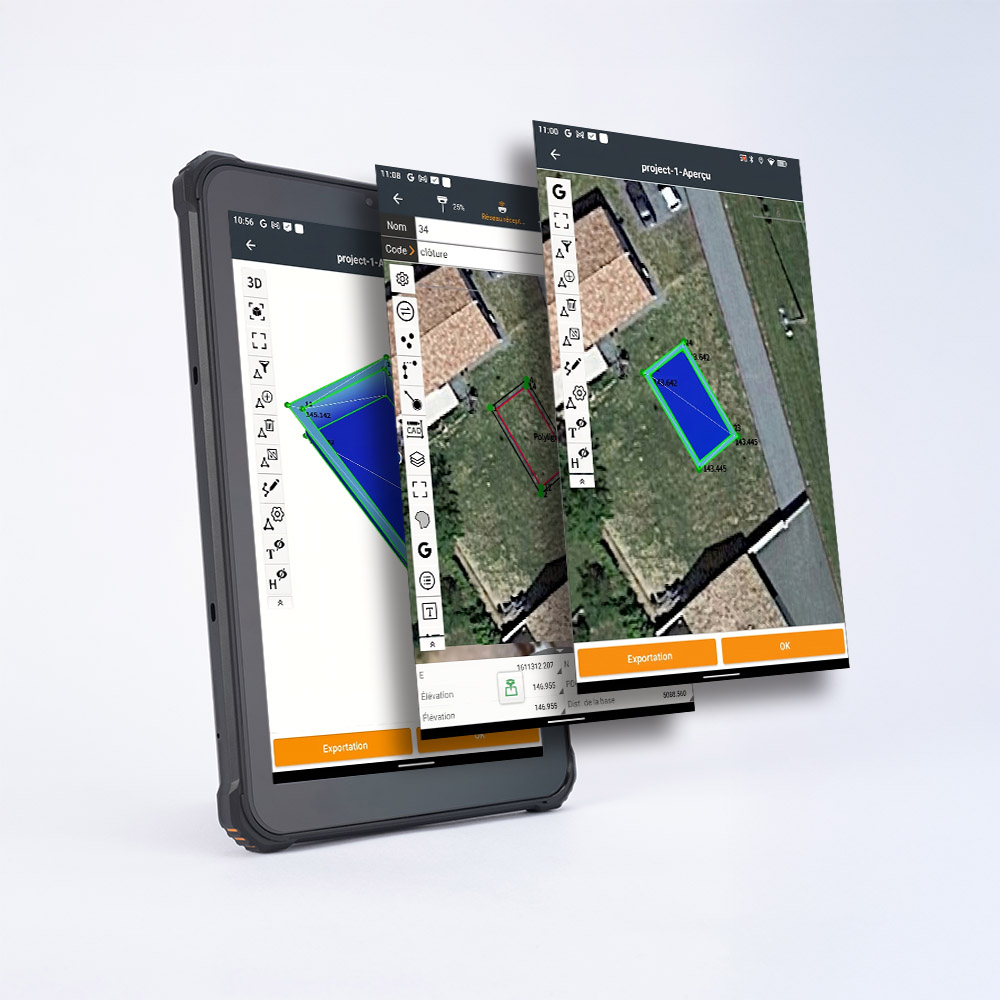 iPoint field software on a rugged tablet showing a stakeout polygon over an aerial site map