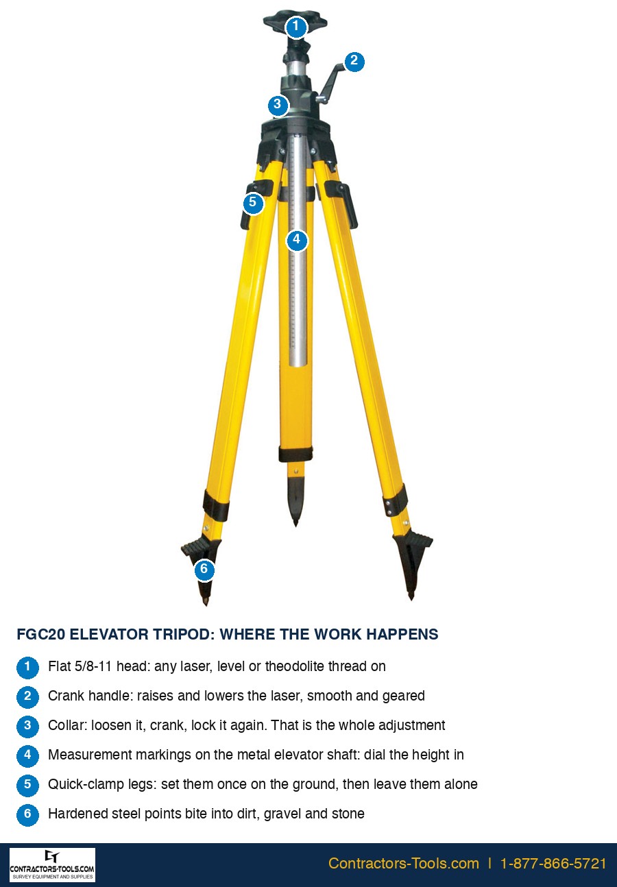 SitePRO FGC20 composite elevator tripod with the head, crank handle, collar and measurement markings on the elevator shaft labeled
