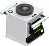 Top view of the LaserLine QUAD 1000HDU showing the laser aperture, bulls-eye bubble, purge valve and certification labels