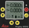 Leica Rugby 60DG control panel showing the X and Y axis grade display, arrow keys and menu keys