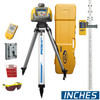 Spectra HV101GC-2 Laser Package includes Tripod Q104025, Laser Receiver HR320, Grade Rod measurements in Incges GR152, Wall Mount M101, Remote RC601 and Large System Carrying Case