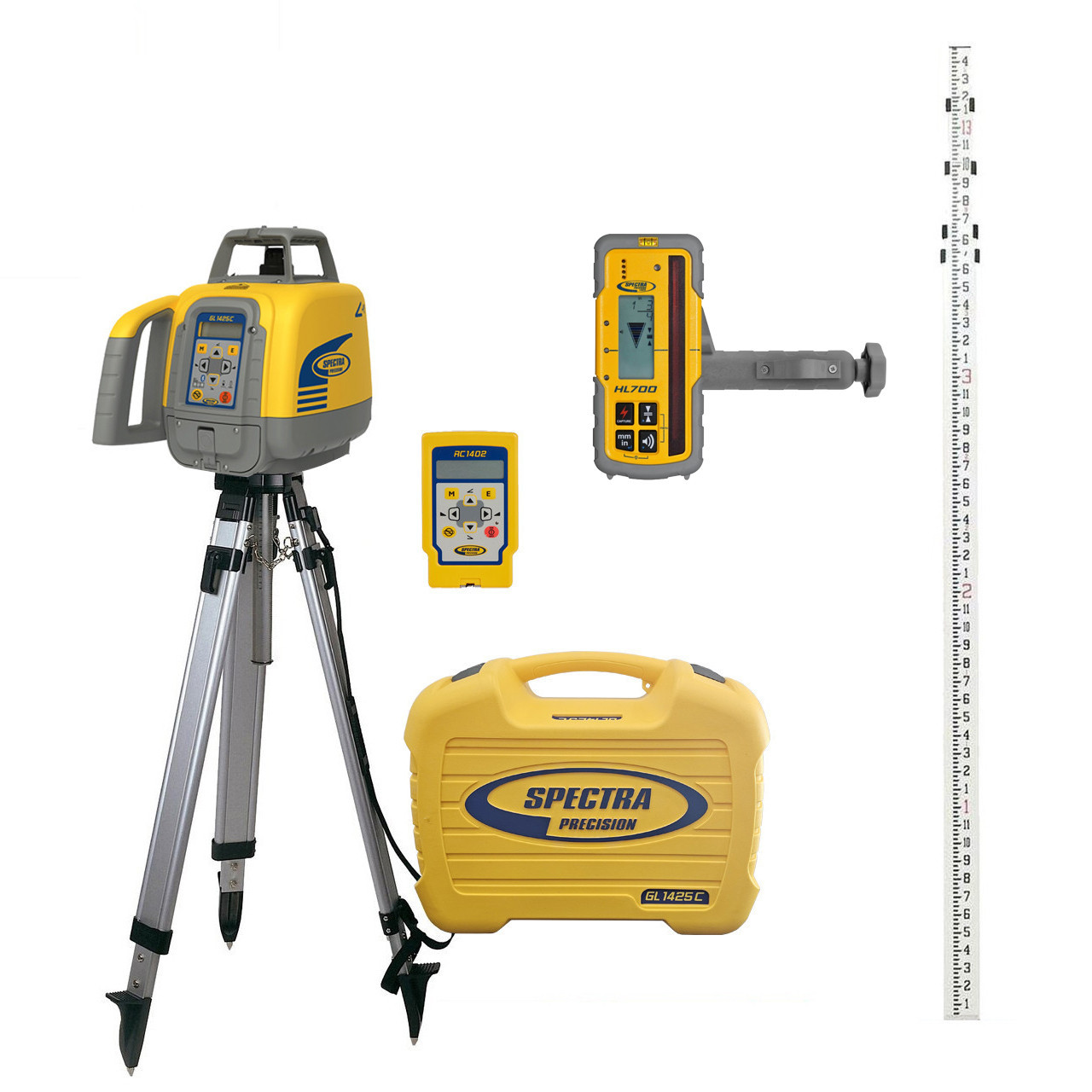 Spectra GL1425C Dual Grade Laser Package with Deluxe Receiver, Elevator  Tripod and 15-Foot Grade Rod in INCHES