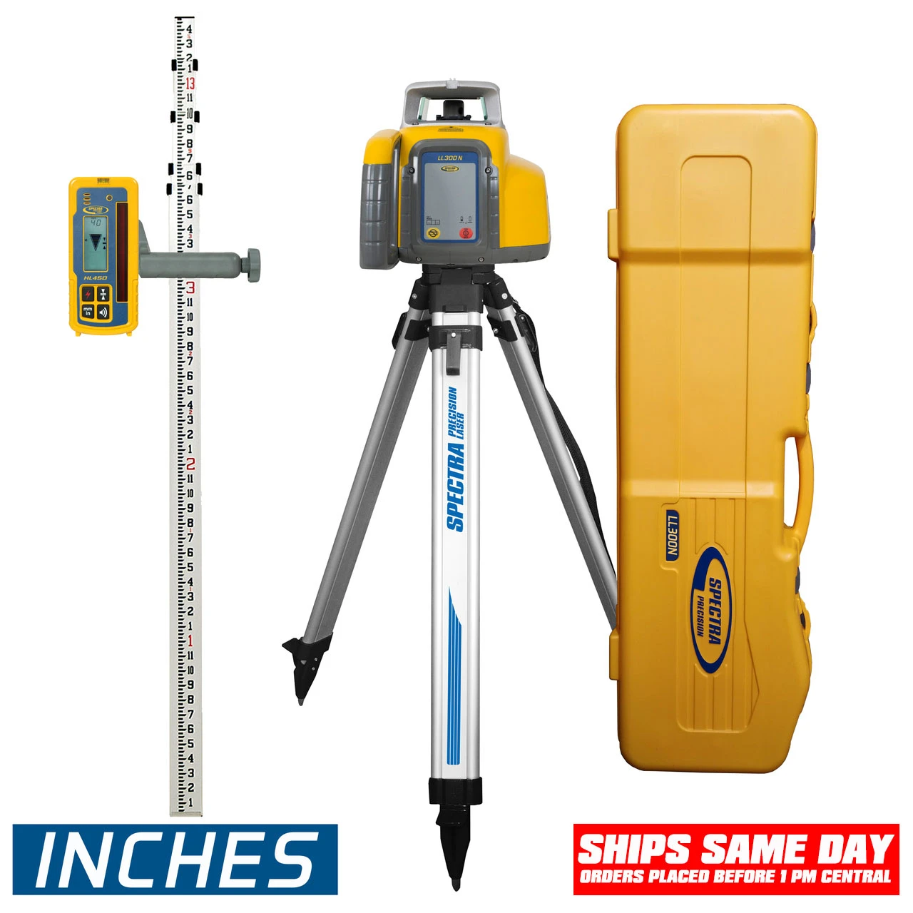 Spectra Precision LL300N-1 laser level package with HL450 receiver, TENTHS grade rod, tripod and All in One system carrying case