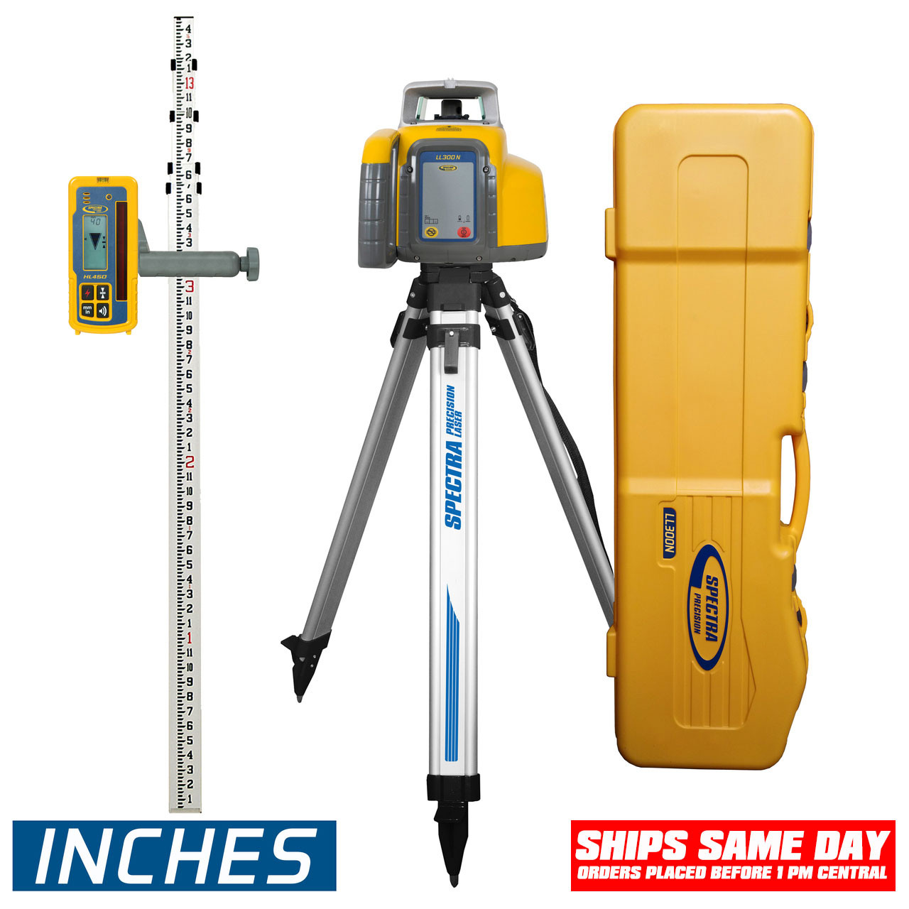 Clamp 15' Grade Rod / Inches and Tripod Spectra Precision LL300N-2 Laser Level Self Leveling Kit with HL450 Receiver 
