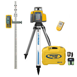 Spectra Precision LL300N-X1 PRO laser kit — LL300N self-leveling rotary laser on the SitePro ALQR20 tripod, HL450 digital readout receiver with C45 clamp, RC601 remote, Q104234 rechargeable pack with charger, 15 ft SitePRO 11-815-T grade rod marked in tenths and the 5289-0025 carrying case