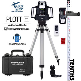 Plott PRL900HT-R-K1 Bluetooth Dual Slope Red Beam Rotary Laser Kit with Detector - Contractor Tripod and Tenths Grade Rod