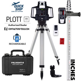 Plott PRL900HT-R-K2 Bluetooth Dual Slope Red Beam Rotary Laser Kit with Detector - Contractor Tripod and Inches Grade Rod