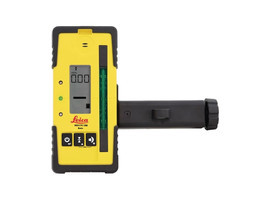 Leica Rod Eye 120G green beam laser receiver 844745, front view showing the digital millimetre readout and green detection window with the rod bracket fitted