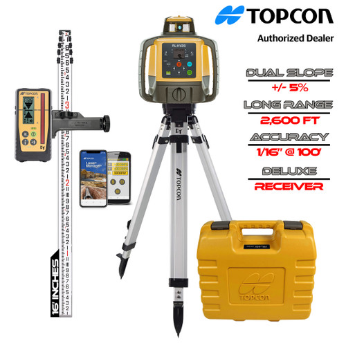 Topcon RL-HV2S Self-Leveling Dual Grade Laser Complete Kit with LS-100D Receiver, Inches Rod and Tripod / Rechargeable - 1051612-22-K2