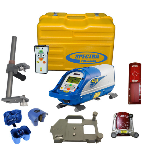 Spectra DG711-5 Pipe Laser Package comes with RC502 Remote Control, 956 Pipe Target and 2 Plates, 1238 (8-inch) Invert Plate, 1230 Large Pipe Invert, 1239 Vertical Pole, P23B NiMH Rechargeable Battery Pack, P20B Alkaline Pack without Batteries, Carrying Case