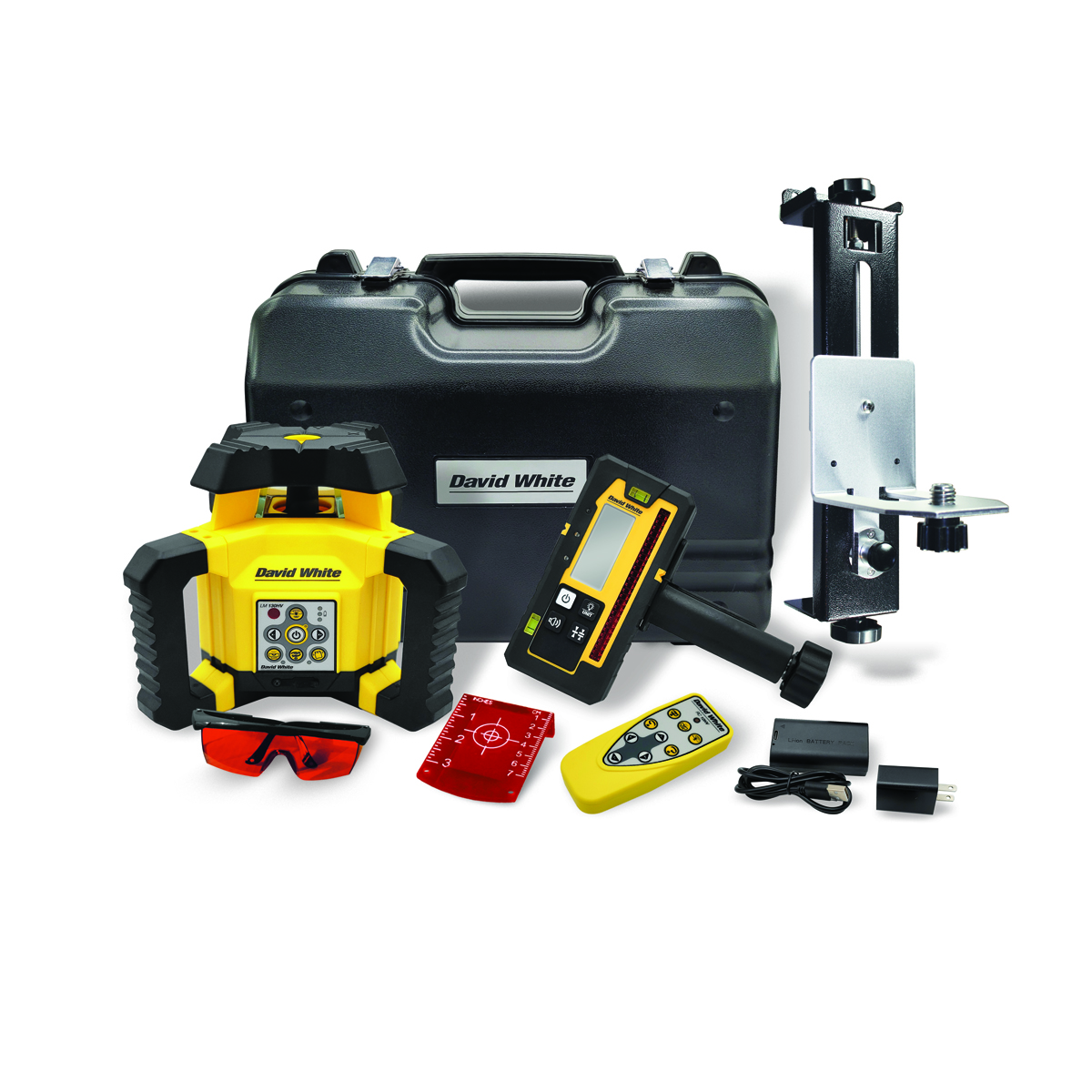 David White LM130HV complete kit — laser, LD320 detector, RC10HV remote, glasses, battery, charger, case